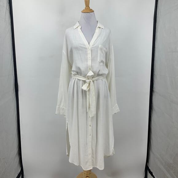 L Space Dress Women M Medium Cream Barcelona Tie Waist Collar Button Front - Picture 2 of 16